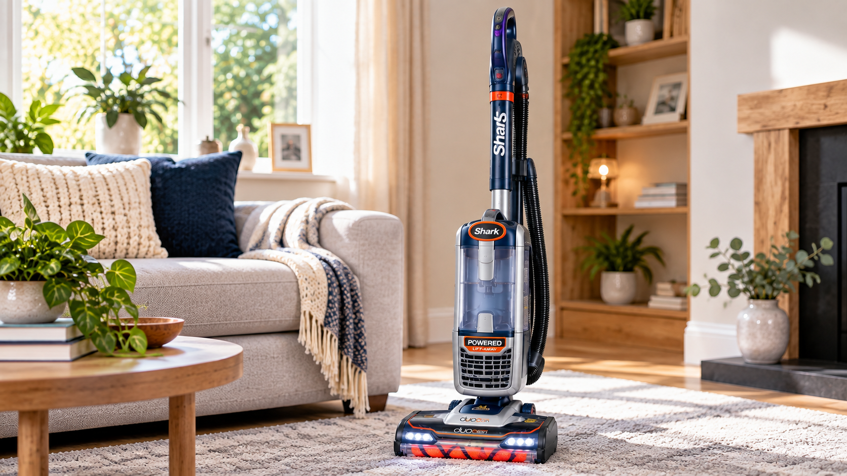 Shark NZ801UKT corded upright vacuum cleaner standing on a living-room rug beside a sofa.