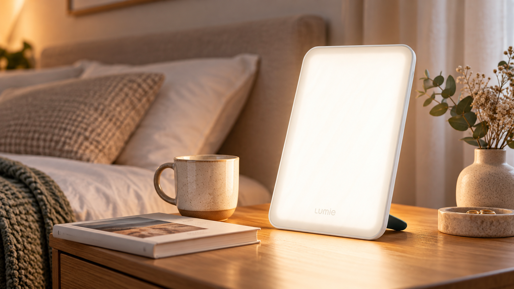 Lumie Vitamin L SAD lamp glowing on a bedside table in a warm bedroom setting.