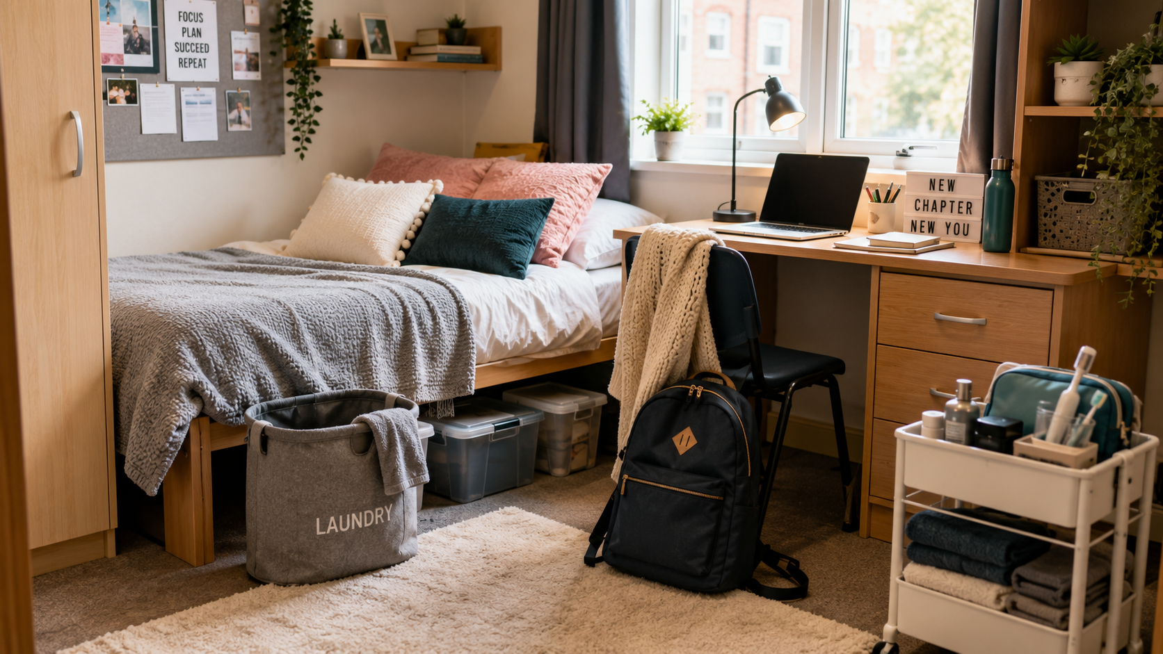 A warm and organised university bedroom with a made bed, compact study desk, laptop, backpack, storage and laundry essentials.