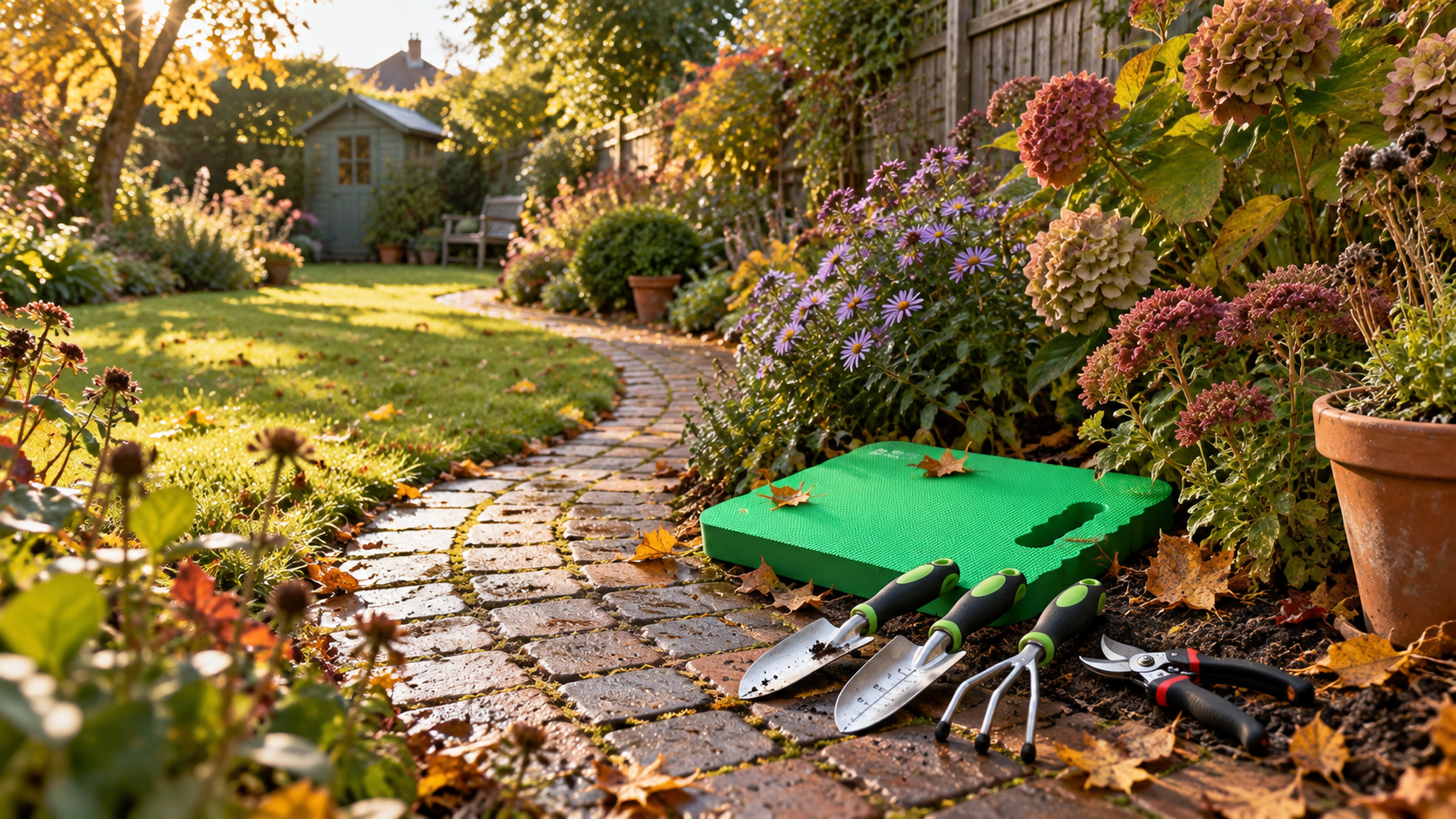 A warm British back garden in early autumn with a winding brick path, hydrangeas and asters. A green kneeling pad, hand tools and secateurs rest beside the flower border.