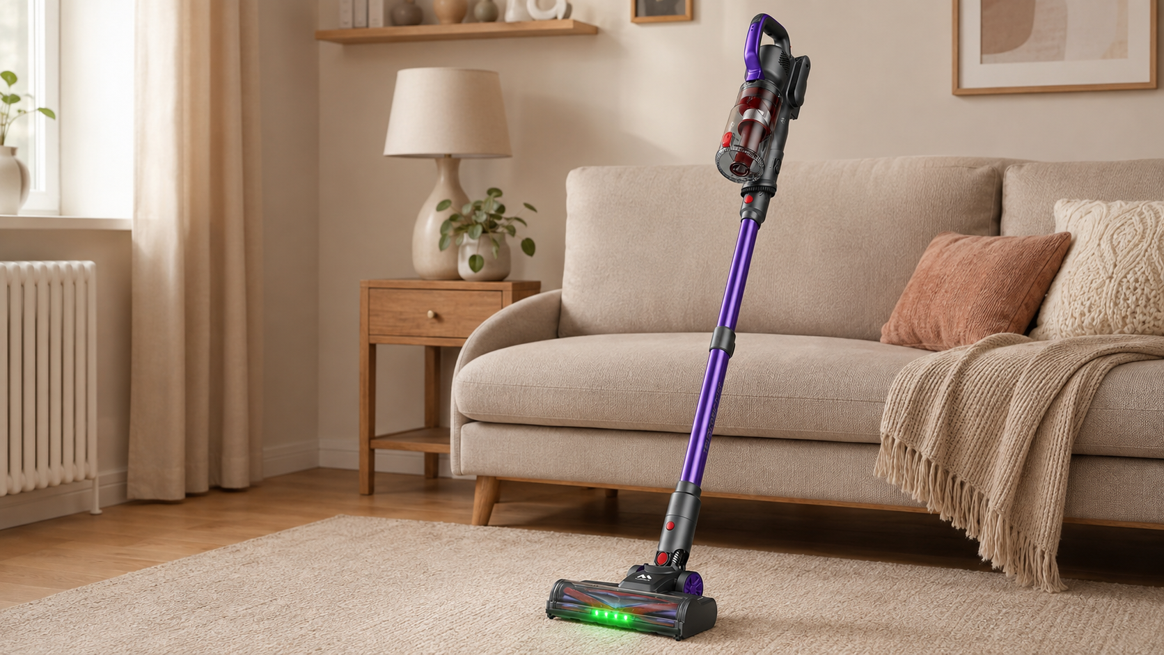 The purple and grey AlloyMove A03 cordless stick vacuum standing on a cream rug in a bright living room, with its illuminated floor head switched on.