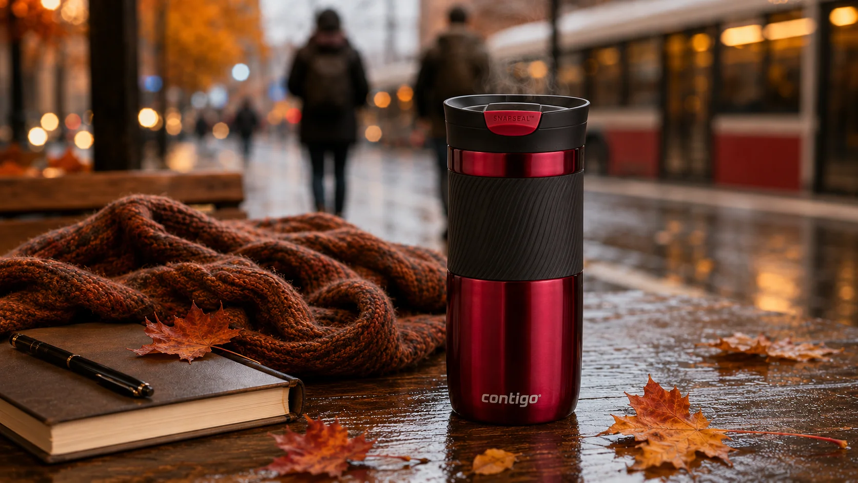 An insulated travel mug beside autumn leaves during a cool outdoor break.