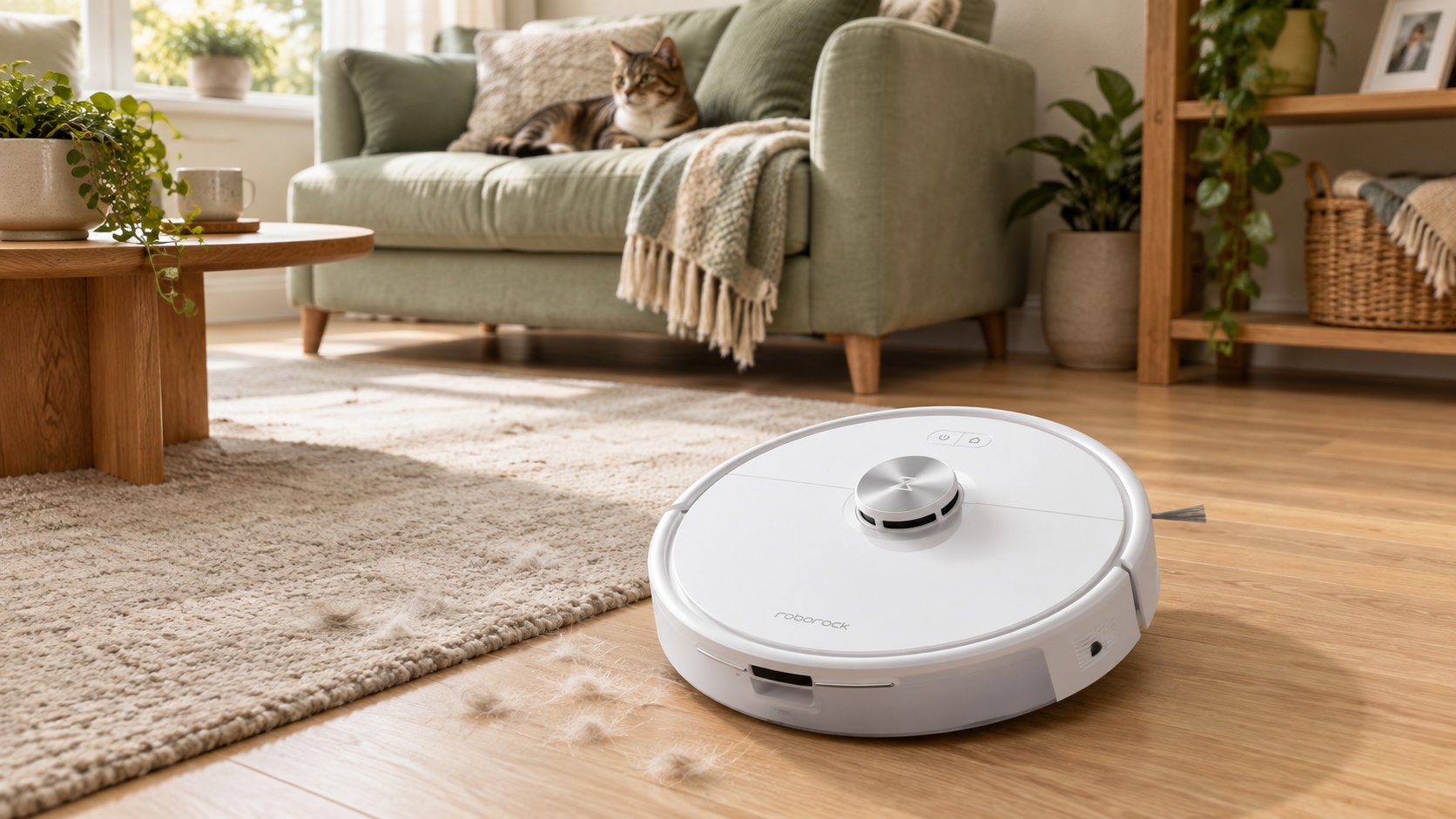 White Roborock Q7 M5 robot vacuum collecting loose pet hair beside a living-room rug while a cat rests on the sofa.
