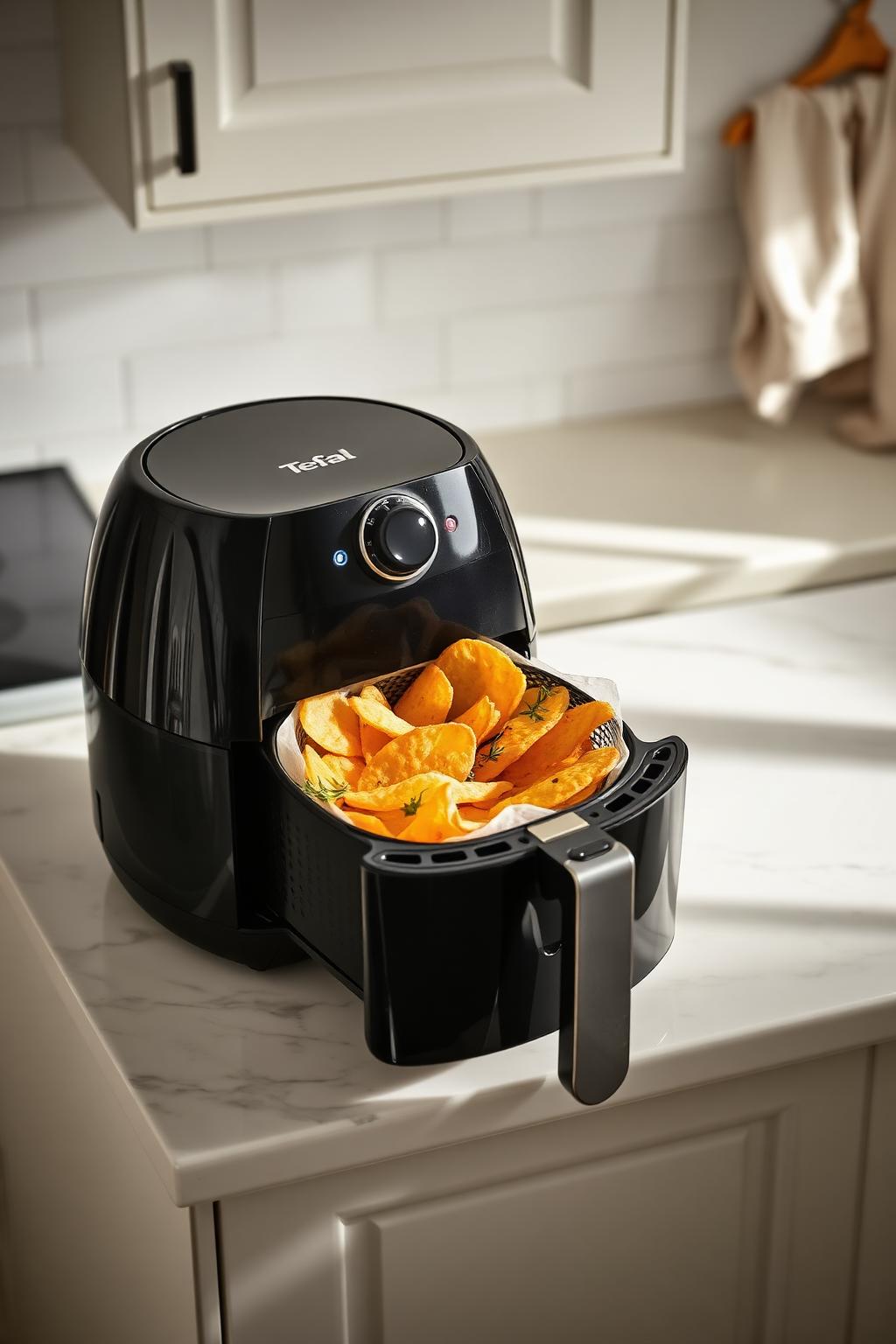 Black Tefal Easy Fry air fryer on a cream marble kitchen counter with the basket open, full of golden crispy chips and fresh herbs.