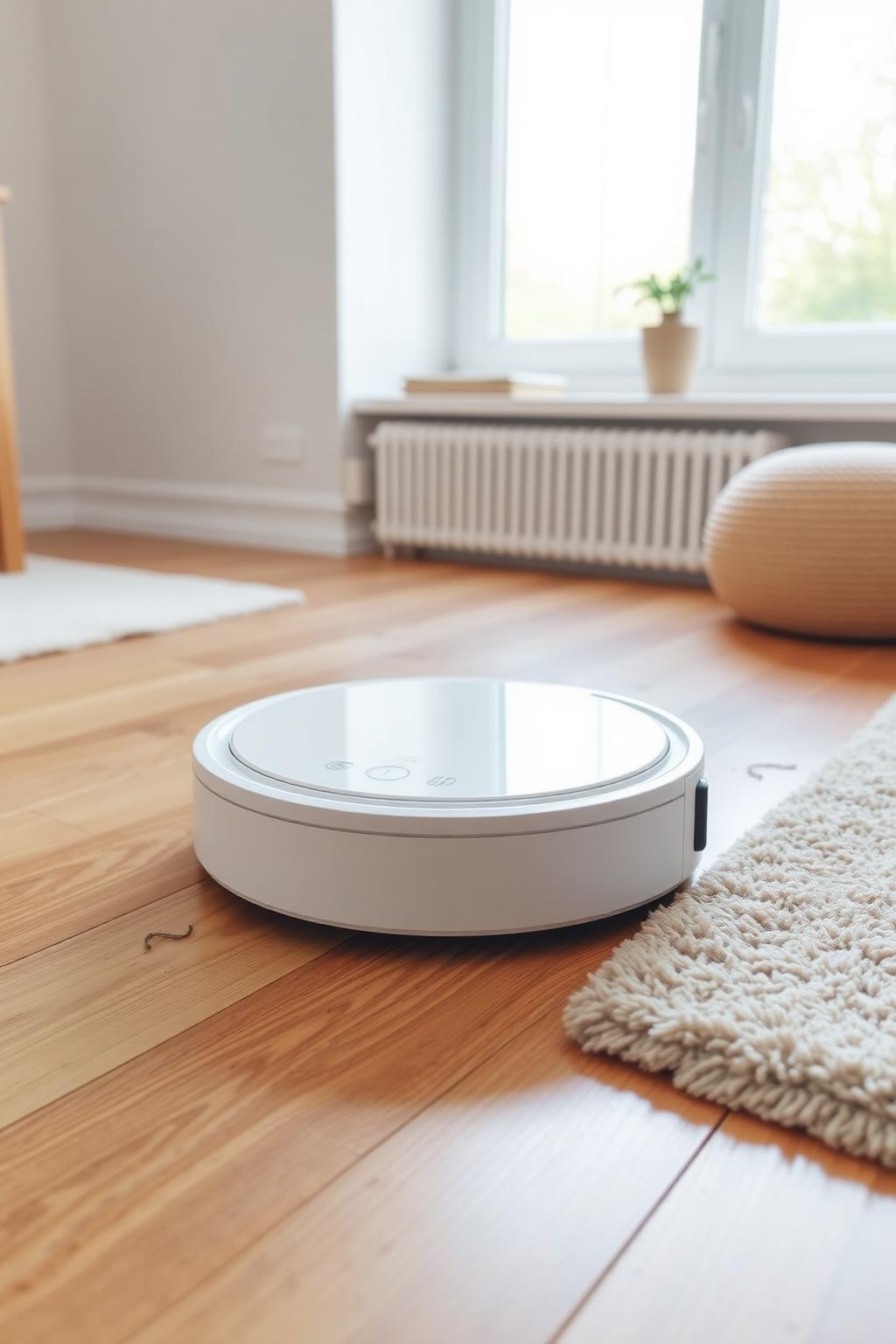 Sleek white mid-range smart robot vacuum cleaning warm oak flooring beside a cosy cream rug in a bright modern UK living room.
